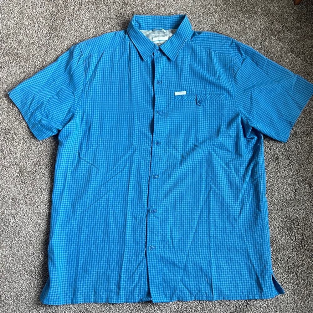 Columbia Men's Omni Shade Blue Button‎ Up Short Sleeve Plaid Shirt Large 0578
